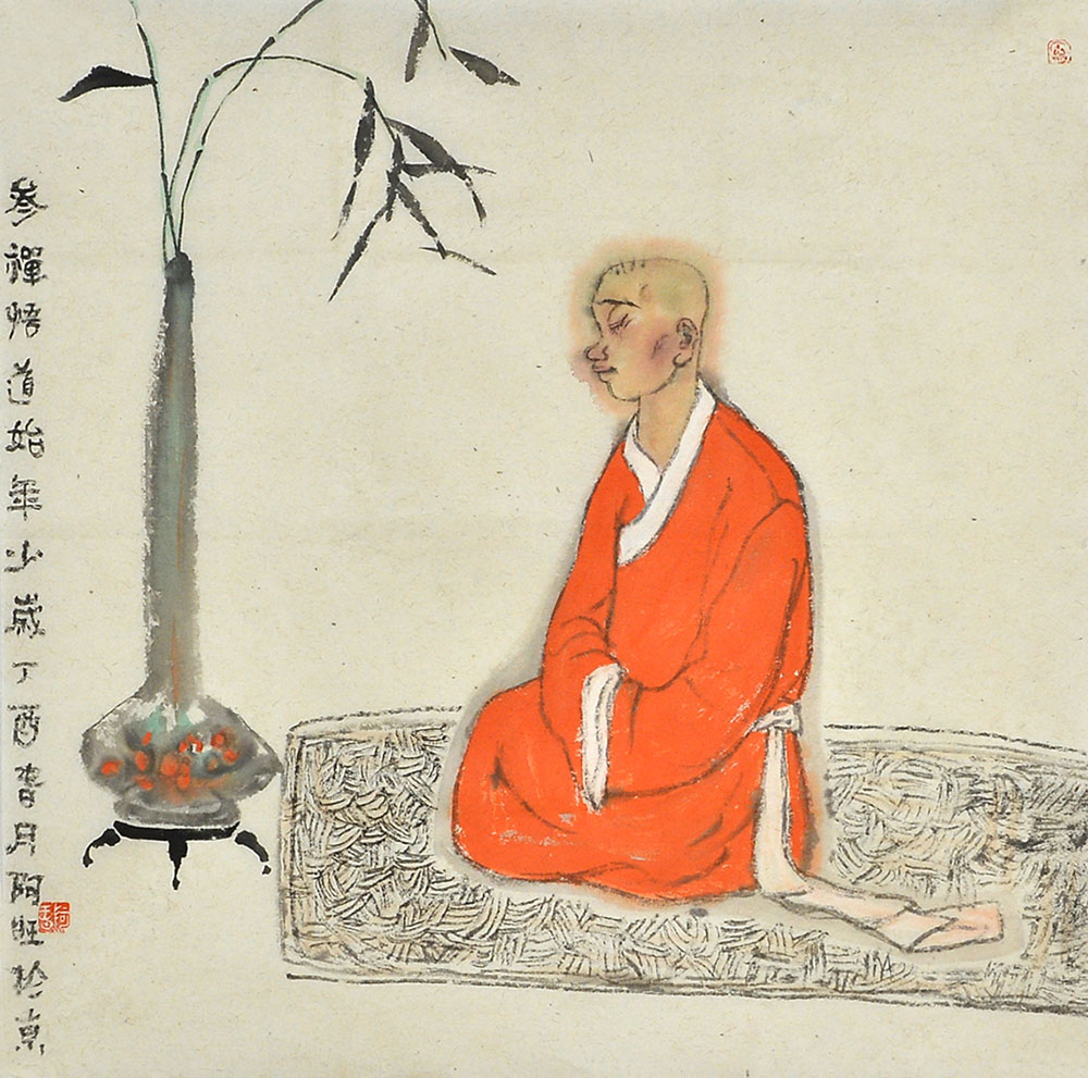 李树旺这幅《参禅悟道》,以古朴艳丽的色彩,描绘了一个小和尚参禅