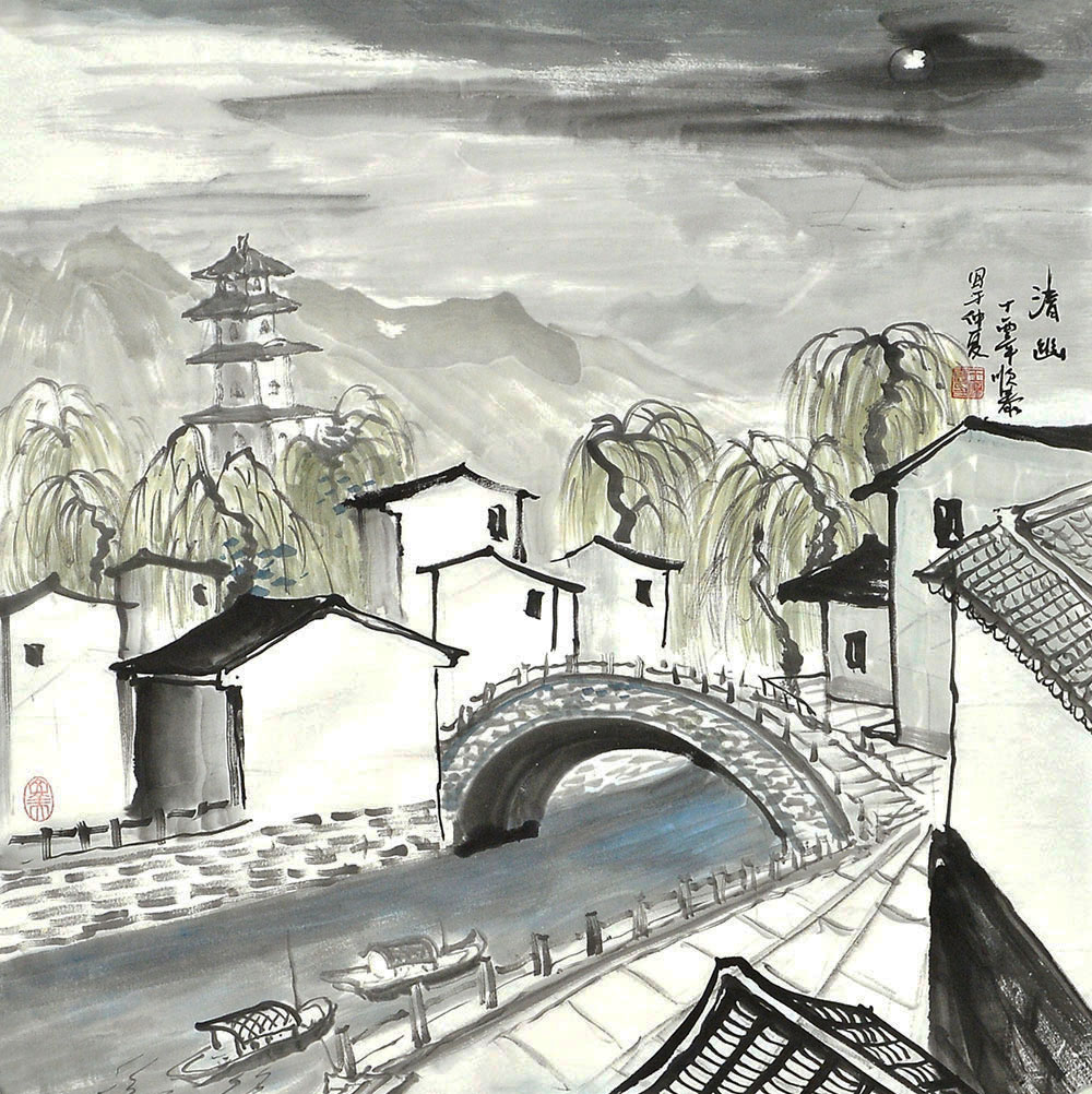 画中的景色就是江南水乡,座座房屋依水而建,流露出的氛围水润异常,沁