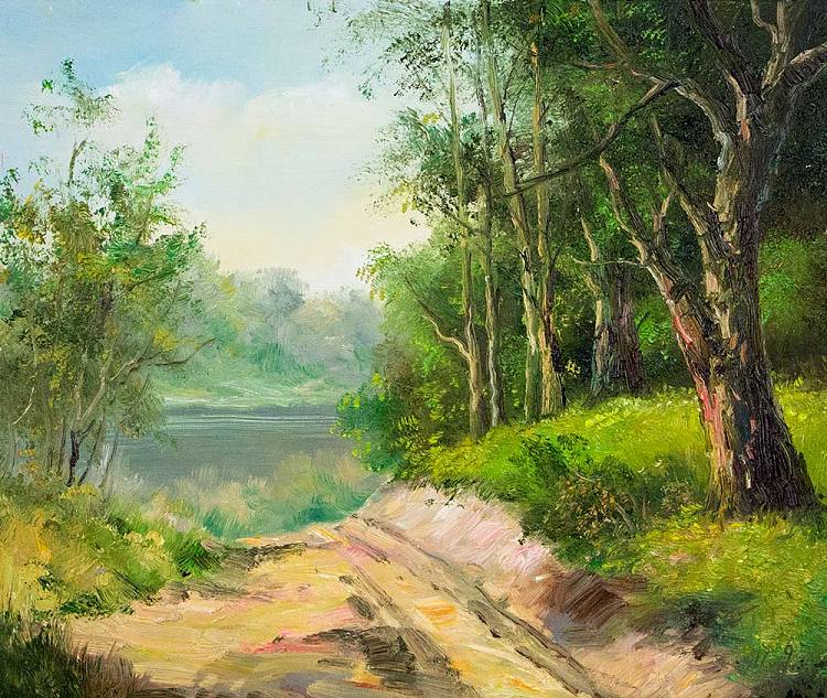 当代著名风景油画家 刘春建《湖边的小路》