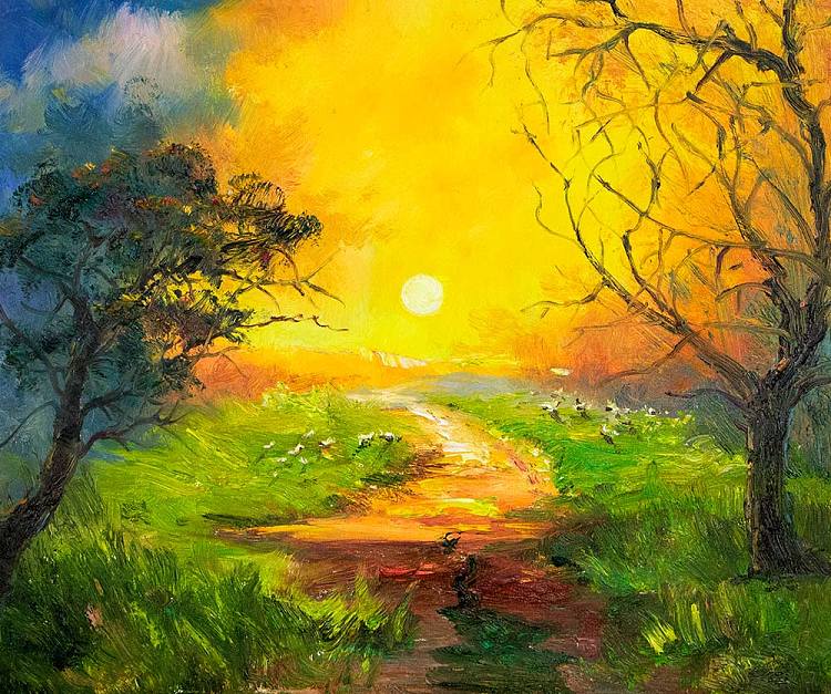 当代著名风景油画家 刘春建《橘色的阳光》