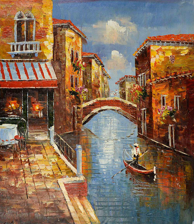 《阳光下的威尼斯小镇》 方明油画