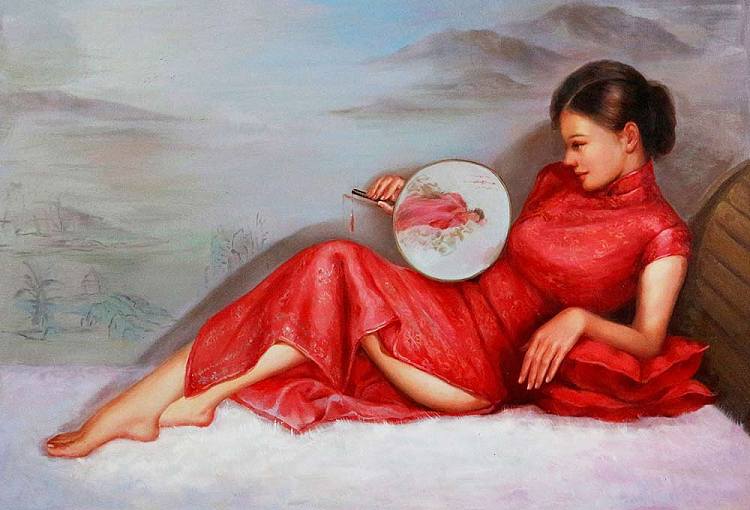 中国美院青年画家 文静 《红旗袍》油画