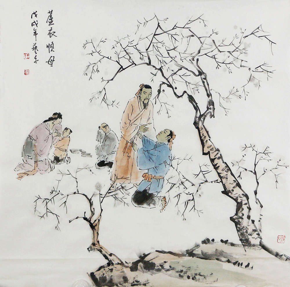 这幅王艺千老师的国画人物作品《扇枕温衾》,典故出自《初刻拍案惊奇