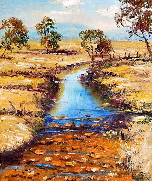 《门口清澈的河》当代著名风景油画家 刘春建油画