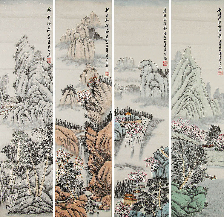 当代画家 童建芳 山水四条屏 国画