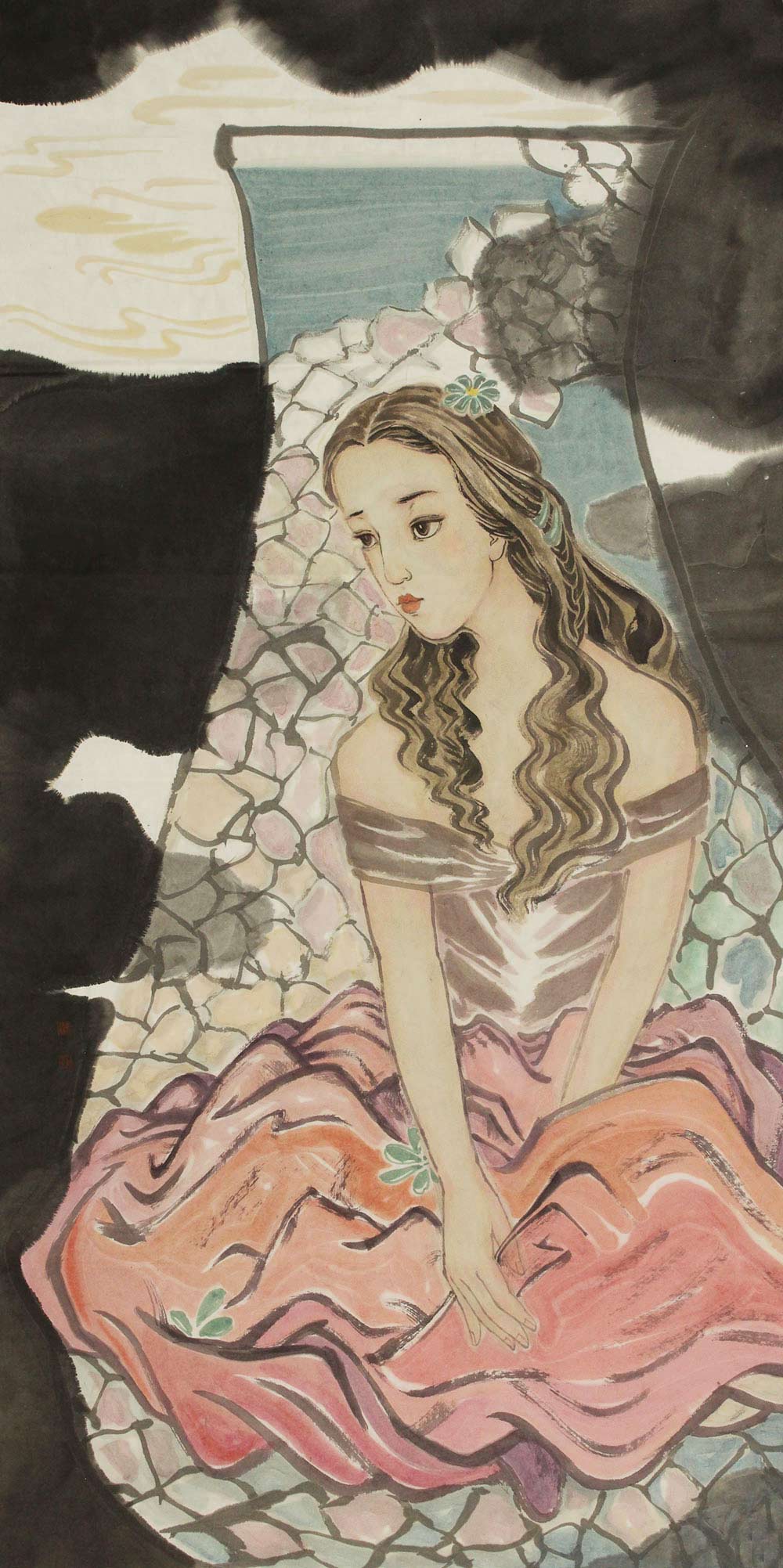 刘帅水墨画作品赏析 用环境和植物充分衬托,体现了众多青春女子的
