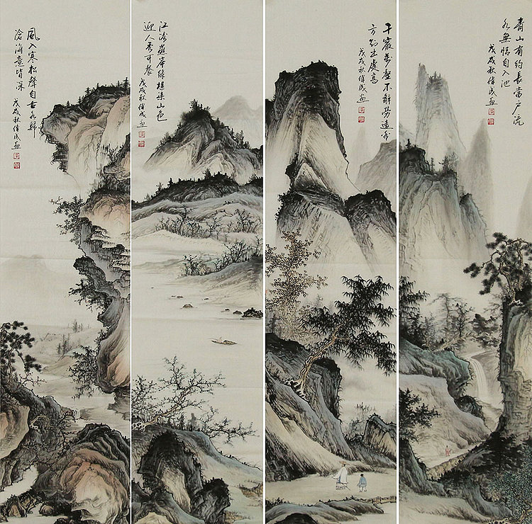 青年潜力画家 李伟成 仿古山水国画四条屏