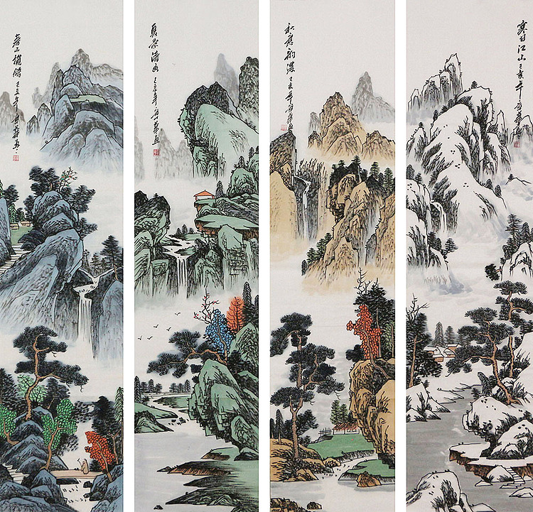 职业画家 章华 山水四条屏 国画