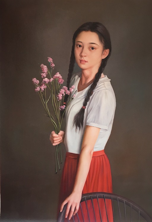 张嘉应手绘油画作品《拿花的女孩》