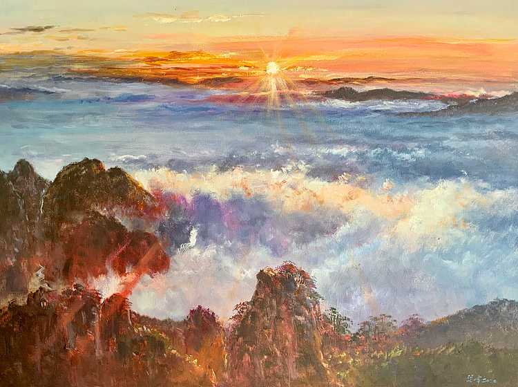现代青年画家梁峰中式油画作品 黄山日出图