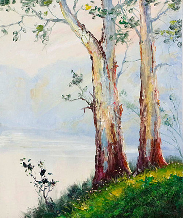 当代著名风景油画家 刘春建《逆光的树干》