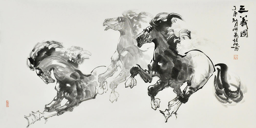 何森国画作品赏析:绘画骏马,黑白墨色,动感十足,弘扬精神