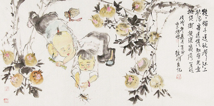 国画 > 中国美术家协会会员 刘德明 多子多福 刘德明中国工笔画人物