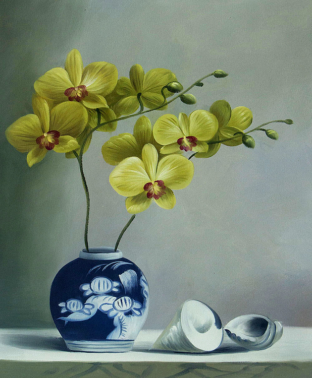 《静物&mdash;&mdash;优雅兰花》当代油画家 王露露  甄选精品油画