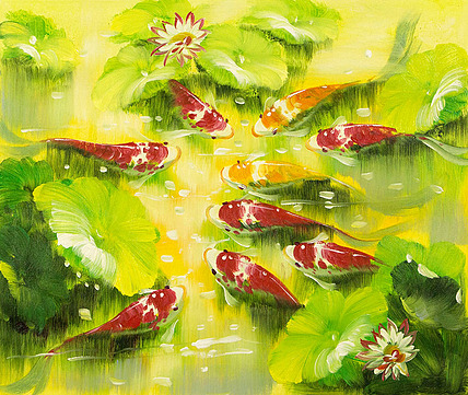 青年油画家沈嘉思荷叶下游锦鲤寓意招财聚宝-