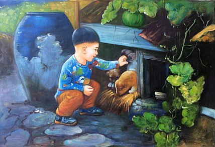 黄振能手绘油画作品巜童趣》