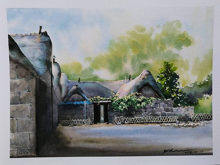 杨红威水彩版画作品       《渠隔人家》