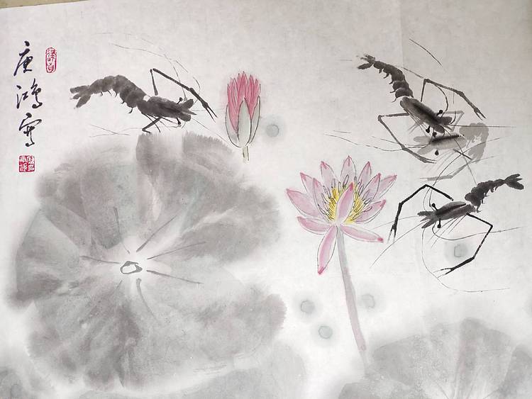 国家一级美术师廖庚鸿作品《虾趣图》