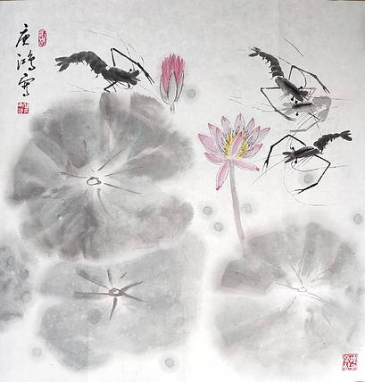 国家一级美术师廖庚鸿作品《虾趣图》