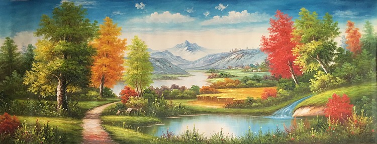 余建生手绘油画作品巜青山碧水》