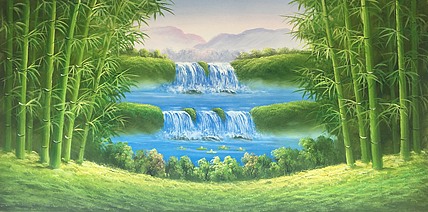 黄明灯手绘油画作品巜竹报平安》