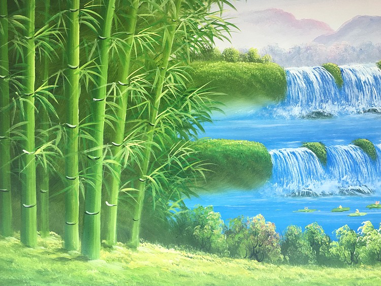 黄明灯手绘油画作品巜竹报平安》