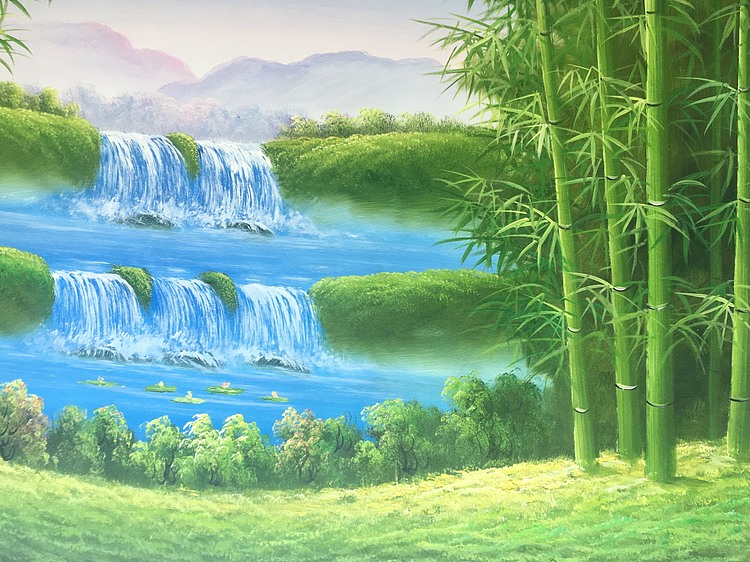 黄明灯手绘油画作品巜竹报平安》