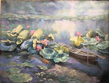 黄明灯手绘油画作品《小船》