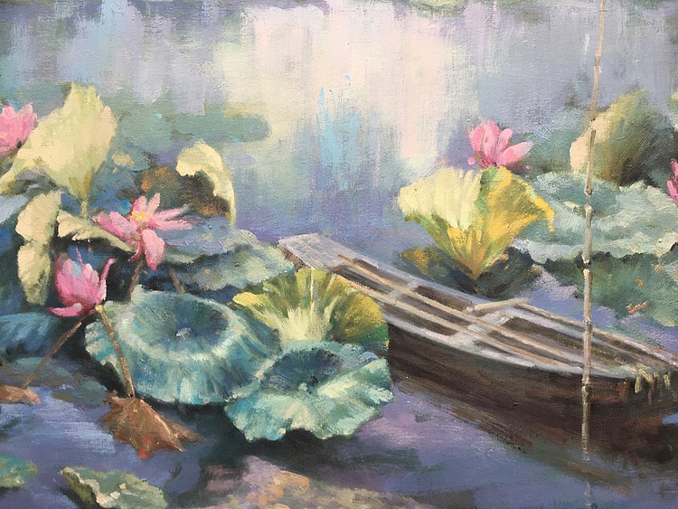 黄明灯手绘油画作品《小船》