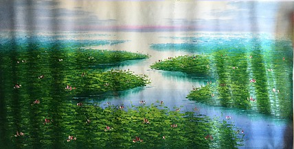 黄明灯手绘油画作品巜荷塘月色》