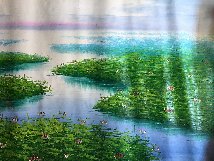 黄明灯手绘油画作品巜荷塘月色》
