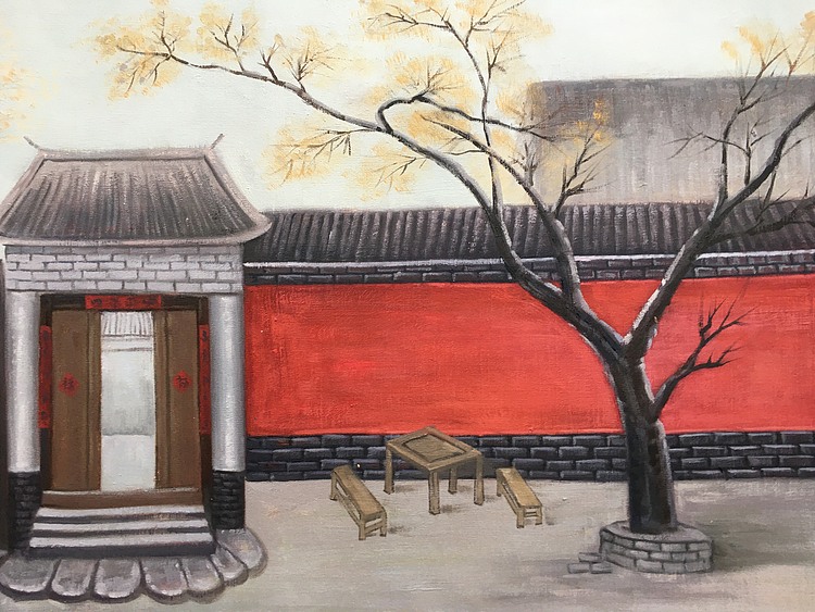 邹志兴手绘油画作品巜门前》