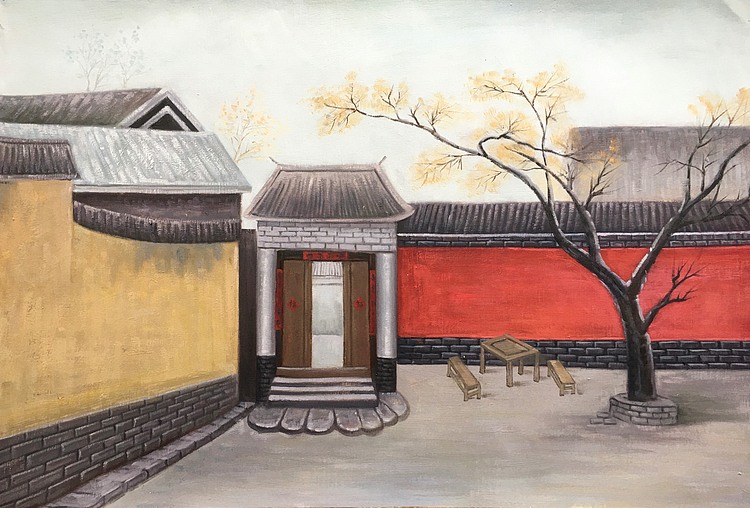 邹志兴手绘油画作品巜门前》