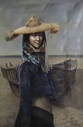 著名画家曾国柱，油画人物，海边倩影