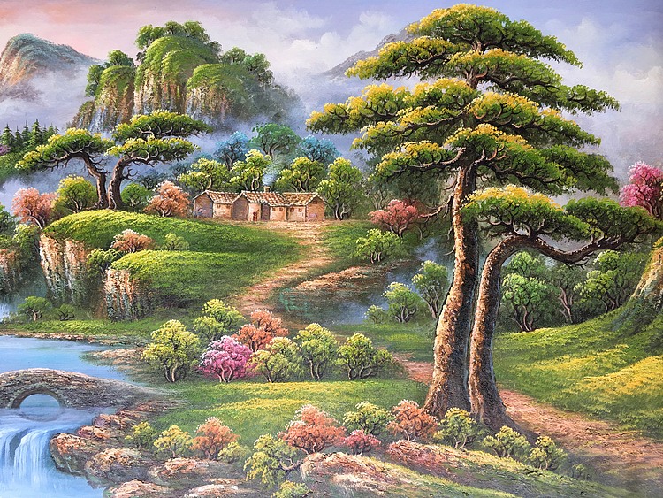 林艺楠手绘油画作品《小桥流水人家》