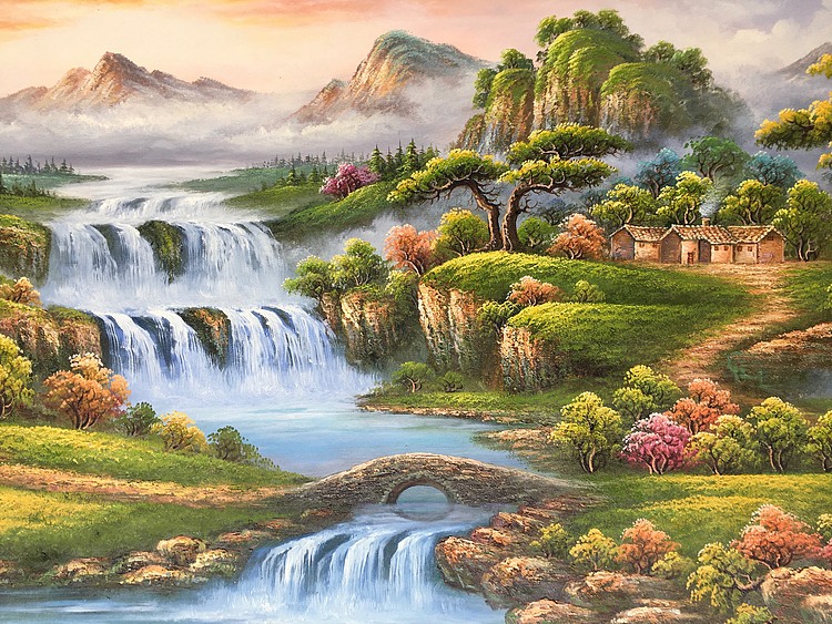 林艺楠手绘油画作品《小桥流水人家》