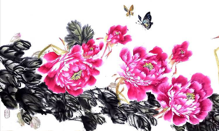 齐市工艺美协副秘书长朱毅江国画作品《春来花自舞》