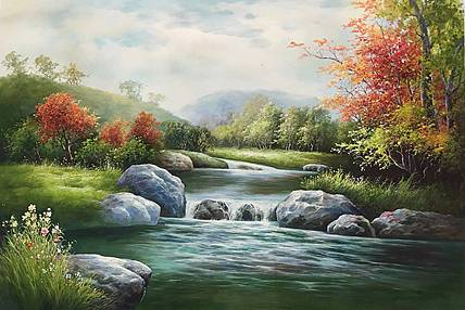 叶乐产油画作品《山边小溪》