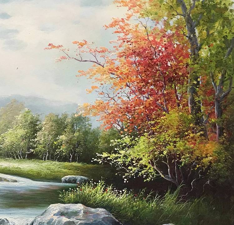 叶乐产油画作品《山边小溪》