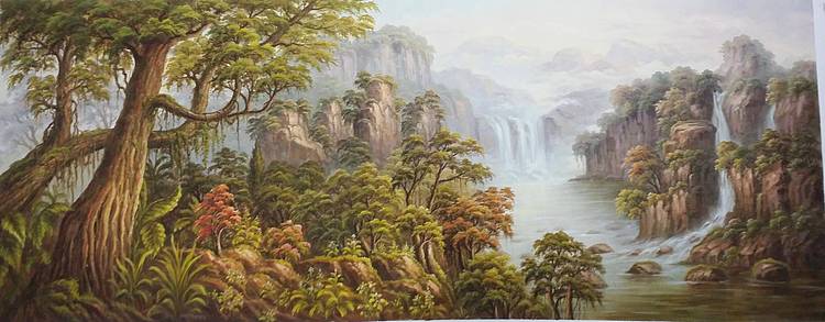 叶乐产油画作品《山谷流溪》
