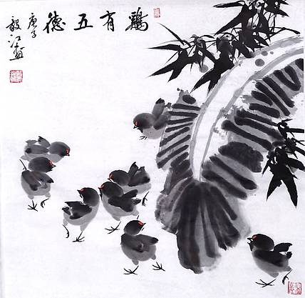 中国牡丹书画院名誉院长朱毅江国画《鸡有五德》