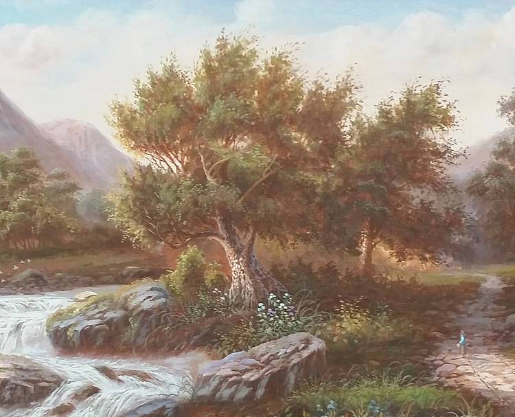 叶乐产油画作品《溪边小屋》