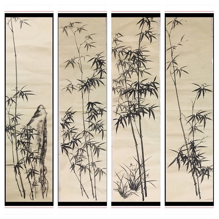 美协会员刘亚东竹子！仿古洒金4条屏