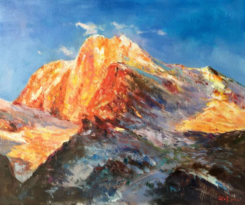 现代青年油画家梁峰原创油画作品【金色雪山】