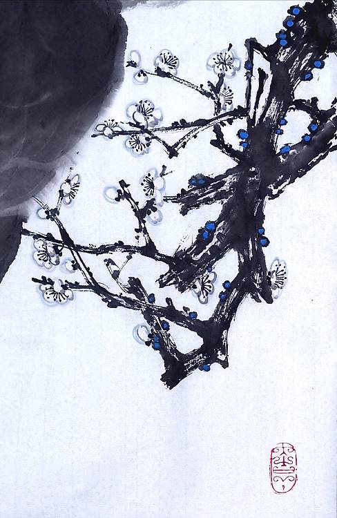 中国国家书画院副院长朱毅江国画《梅放雪中香》
