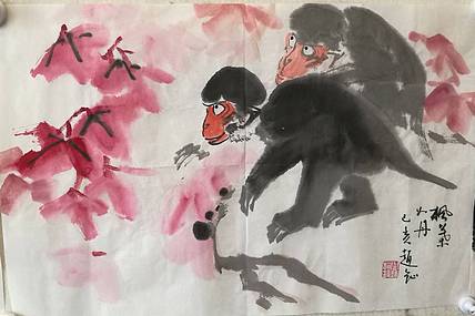 中国美术家赵钲画枫叶如花，紅红火火