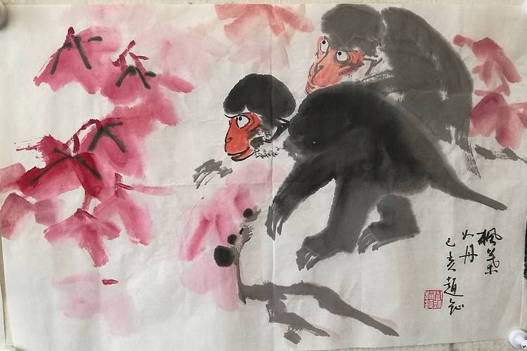 中国美术家赵钲画枫叶如花，紅红火火