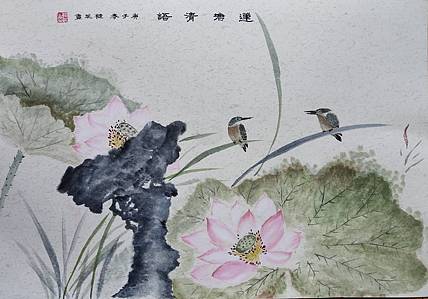雪中寒蕊 山东省当代工笔画院画家韩蕊没骨荷花花鸳鸯图