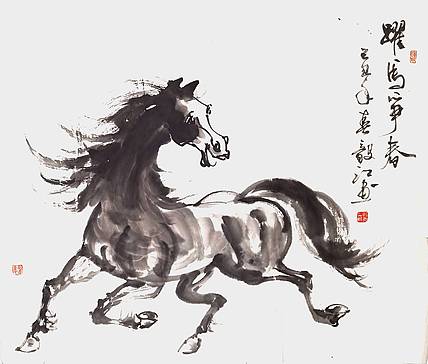 当代著名书画家 醉墨 中国国家书画院副院长朱毅江国画作品《跃马争春》