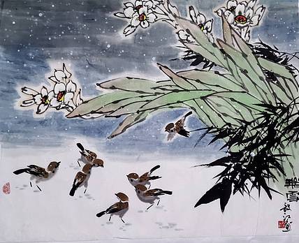 当代著名书画家 醉墨 中国国家书画院副院长朱毅江国画作品《瑞雪》